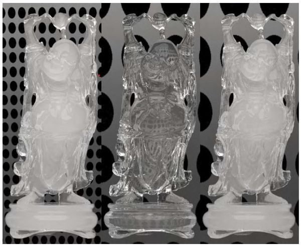 Dieses Bild zeigt drei Anfertigungen eines 3D-Drucks von einer Buddha-Statue. Die ganz linke Statue wurde in einem relativ großem Maßstab gedruckt und erscheint weiß und wenig transluzent. Die mittlere Statue wurde mit den gleichen Druckereinstllungen gedruckt jedoch in kleinerem Maßstab. Dies führt dazu, dass sie nicht mehr weiß erscheint sondern nur haupsächlich Transparent. Die rechte Statue wurde im gleichen Maßstab wie die Mittlere gedurckt, jedoch wurde hier auf eine gleichbleibende Transluzenz im Vergleich zur großen Statue links geachtet. Deshalb erscheinen die linke und rechte Buddha-Statue im gleichen Farbton, obwohl die größe sehr unterschiedlich ist und deshalb auch die Lichtstreuung unterschiedlich ist.