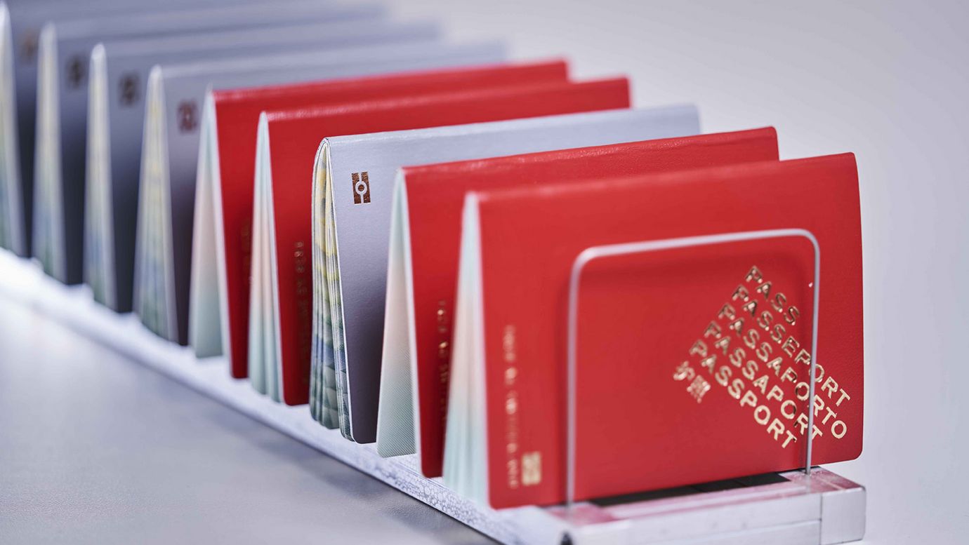 Passport documents lined up in a stand